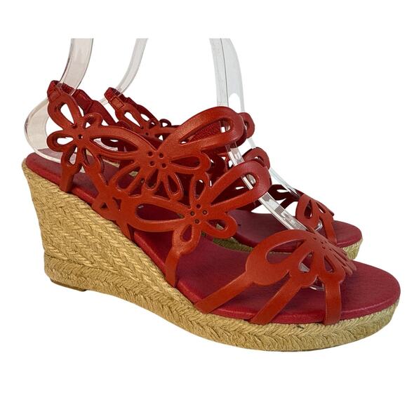 Eric Michael Sandal Jillian Wedge EU39 US 8.5-9 Espadrille Red Leather Floral - Picture 1 of 10